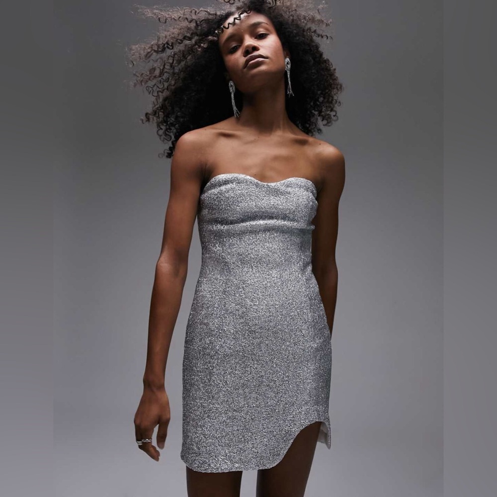 Topshop textured metallic strapless mini dress in silver women’s 12